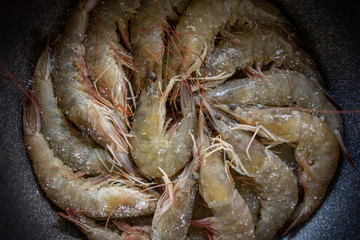 Fresh Shrimp in the Pan. Cooking Thai Food. Steaming Prawn