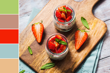 Yogurt granola parfait with strawberries and chia seeds. Color swatch