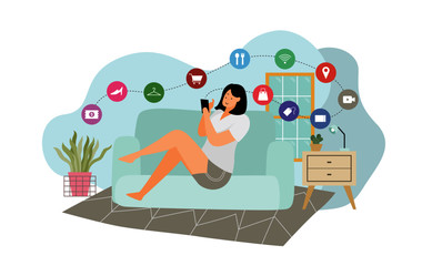 shopping from home, shopping online activity, stay home and enjoy shopping, flat cartoon character design.