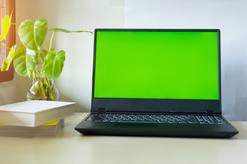 Laptop computer showing chroma green screen on LCD display stands on a desk with books next to...