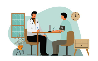 male doctor talk to patient, flat cartoon character design