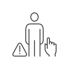Don't touch people related vector thin line icon. Man hand and exclamation mark in a triangle. Isolated on white background. Editable stroke. Vector illustration.