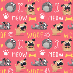 Seamless cute vector animal pet pattern with pug dogs and cats, paw and bone, meow and woof