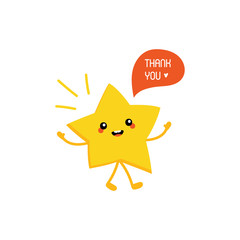 Cute cartoon shining star character with speech bubble, saying thank you, showing appreciation.