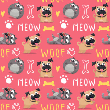 Seamless cute vector animal pet pattern with pug dogs and cats, paw and bone, meow and woof