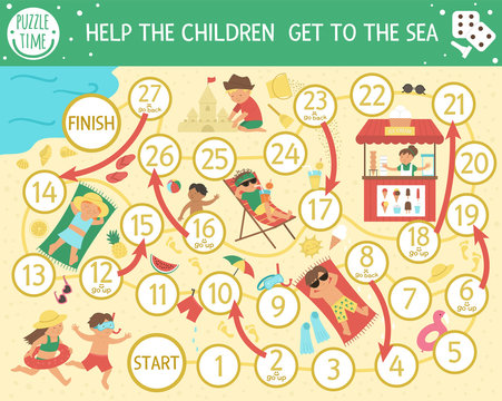 Summer Board Game For Children With Kids Playing On The Beach, Ice-cream Stall, Diving Equipment. Educational Holiday Boardgame. Sea Vacations Activity For Kids. Seasonal Printable Activity.