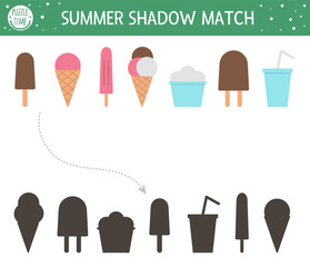 Summer shadow matching activity for children. Preschool ice-cream puzzle. Cute exotic educational riddle. Find the correct silhouette printable worksheet. Simple beach holiday game for kids.