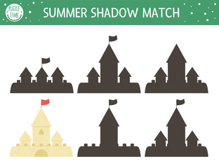 Summer shadow matching activity for children with sandcastle. Preschool sea vacation puzzle. Cute educational riddle. Find correct silhouette game