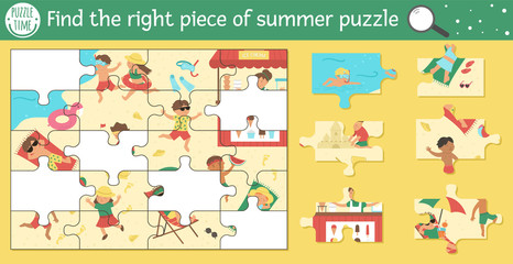 Find the right piece of summer jigsaw puzzle. Vector beach holidays cut and glue or sticker activity for children. Sea vacation educational crafting game with cute animal characters. .