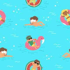 Fototapeta na wymiar Vector seamless pattern with children on inflatable rings. Repeating background with kids floating on the funny rubber circles. Swimming equipment digital paper. Fun summer illustration.