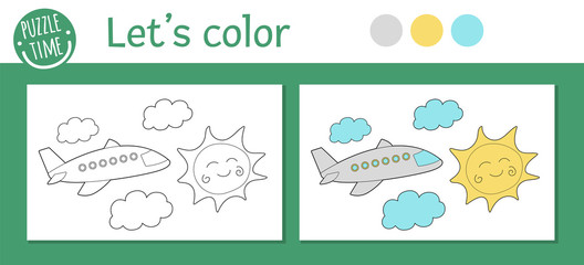 Naklejka premium Summer coloring page for children. Cute funny plane flying among the clouds and sun. Vector beach holidays outline illustration. Sea vacation color book for kids with colored version and example.