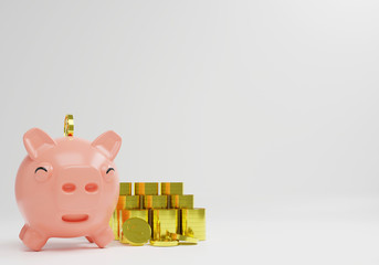3D Render Cute Smile Piggy Bank with gold coins and silver coins,Business investment design concept with piggy bank,Save you money in Cute piggy bank with copy space