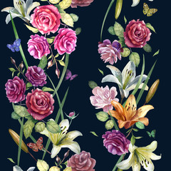 Watercolor illustration, pattern. Flowers of roses, peonies, lilies on a dark blue background. Spring summer motive.