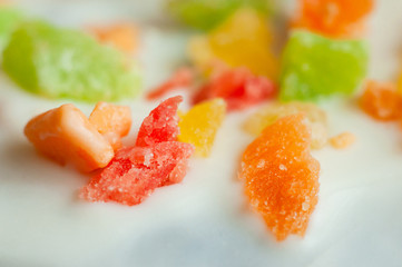 Multi-colored confectionery topping for decoration of Easter confectionery, close-up, macro shot.