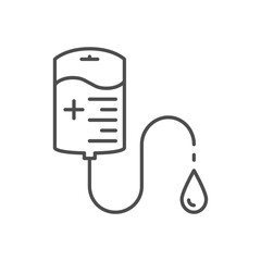 Blood transfusion related vector thin line icon. Blood dripping from a finger into a flask for a coronavirus disease test. Isolated on white background. Editable stroke. Vector illustration.