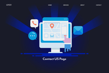 Website content us page displaying on computer screen with email, chat, phone, location and web form. Customer making an enquiry concept. Online business.
