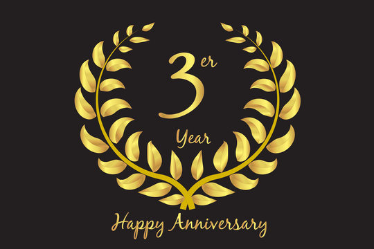 Happy third anniversary gold wreath laurel vector