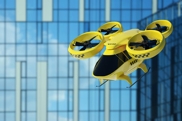 Yellow flying taxi against the sky, city electric transport drone. Car with propellers, clean air, fast ride. Mixed media, copy space.
