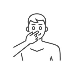 Avoid face touch related vector thin line icon. Man touches face with finger. Isolated on white background. Editable stroke. Vector illustration.