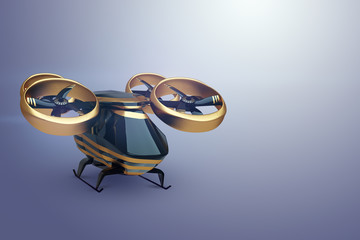Flying city transport, urban electric car drone. Car with propellers, clean air. 3D illustration, 3D rendering, copy space.