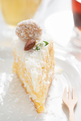 Slice Of Coconut Cake With Afternoon Tea