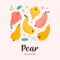 various pears collection, doodle cartoon drawing, isolated vector illustration, sweet ripe fruit with blooming flowers and leaves, hand drawn flat textured drawing