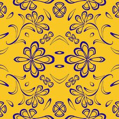 seamless pattern with leaves and flowers linocut style