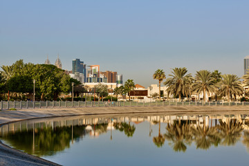 Fototapeta na wymiar Beautiful view of the lake in Dubai Park against the backdrop of a modern city