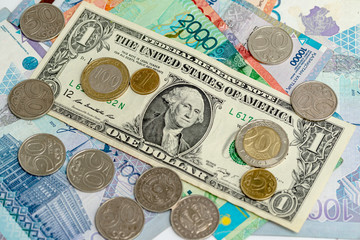 Money on a white background, inflation, dollar. Kazakhstan tenge.