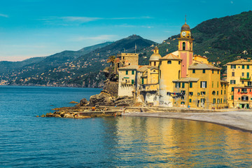 Naklejka premium Mediterranean coastline and Camogli resort with colorful buildings, Liguria, Italy