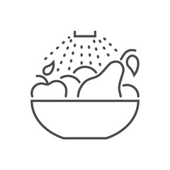 Wash fruits related vector thin line icon. Water is pouring on a bowl of fruit. Isolated on white background. Editable stroke. Vector illustration.