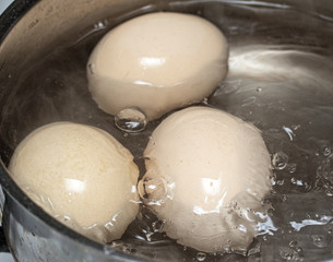 Chicken eggs are cooked in water in a pot.