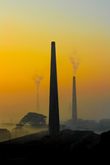 sunrise on the brick factory winter morning view