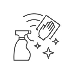 Cleaning related vector thin line icon. Disinfectant Spray and Hand with a Wipe Surface. Isolated on white background. Editable stroke. Vector illustration.