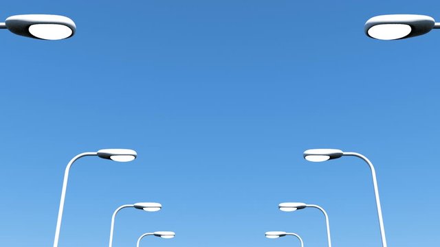 A camera moves between two rows of brightly burning lanterns against a blue sky. Detect a malfunction. Seamless loop.