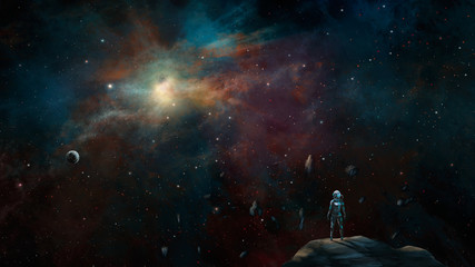 Fototapeta na wymiar Space background. Sci-fi astronaut standing on asteroid with colorful nebula and planet. Elements furnished by NASA. 3D rendering