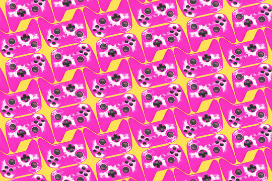 Seamless grunge background from game controllers in yellow and pink colors. For packaging gamepads, wallpapers, printing booklets or covers on the theme of home-based computer entertainment.