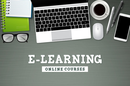 E-learning online school vector background. Elearning online courses text with school elements and computer devices for webinars, tutorial and home school. Vector illustration.
