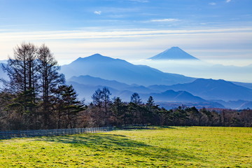 まきば公園で眺める富士山と金ヶ岳、山梨県北杜市清里にて
