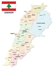 Lebanon administrative and political vector map with flag