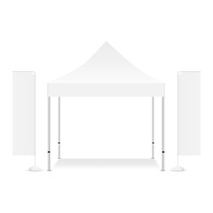 Blank square canopy tent with two rectangular promo flags isolated on white background. Vector illustration © Evgeniy Zimin