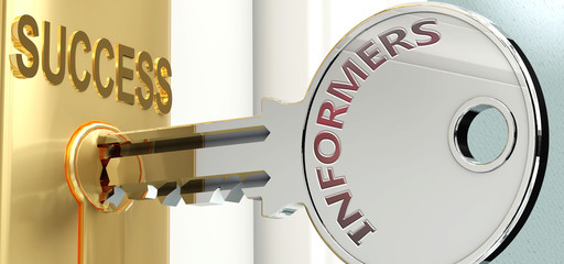 Informers and success - pictured as word Informers on a key, to symbolize that Informers helps achieving success and prosperity in life and business, 3d illustration