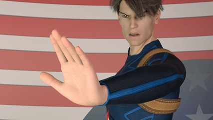 Young man stands on a background of a star-striped flag forward with an outstretched hand, palm outward. Realistic 3d render illustration © Valery