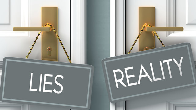 reality or lies as a choice in life - pictured as words lies, reality on doors to show that lies and reality are different options to choose from, 3d illustration