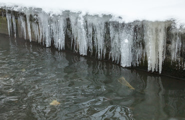 Fototapeta na wymiar Urban stream in winter. Icicles on the riverbanks.