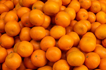 Orange or sweet orange, fruits, family Rutaceae, are displayed for sale at New Market area, Kolkata, India.