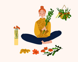 The girl is fond of Floristics and loves flowers, a hobby of flat art