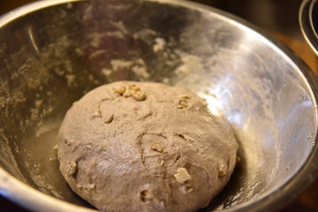 Handmade bread dough rising in a stainless steel bowl