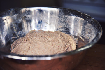 Handmade bread dough rising in a stainless steel bowl