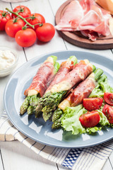 Baked prosciutto and cheese wrapped asparagus